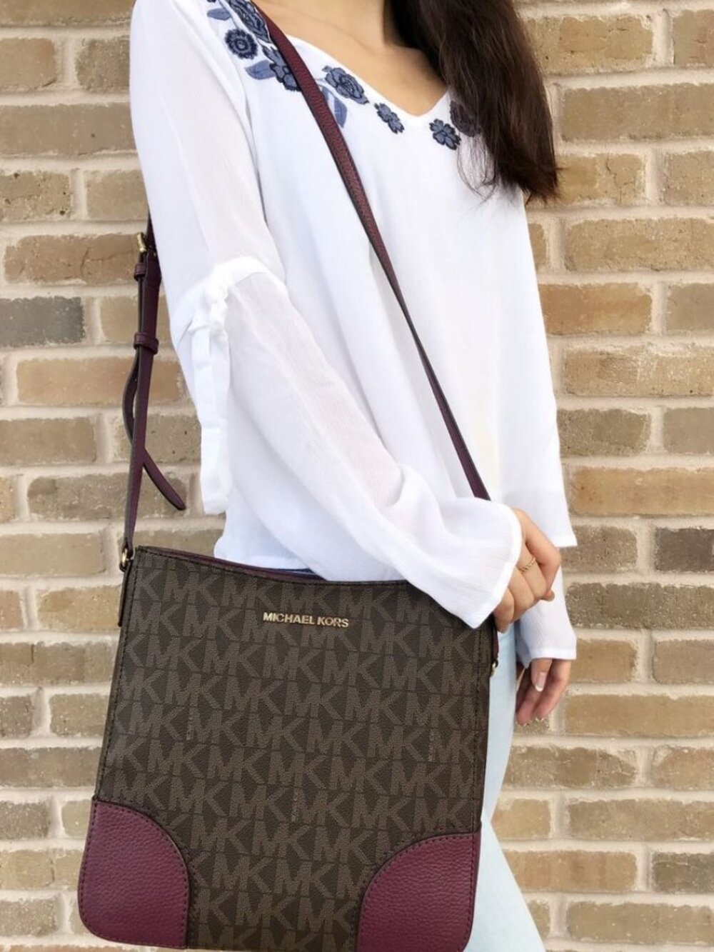 Michael Kors Women's HATTIE Large Messenger Crossbody Brown & Plum Handbag Purse